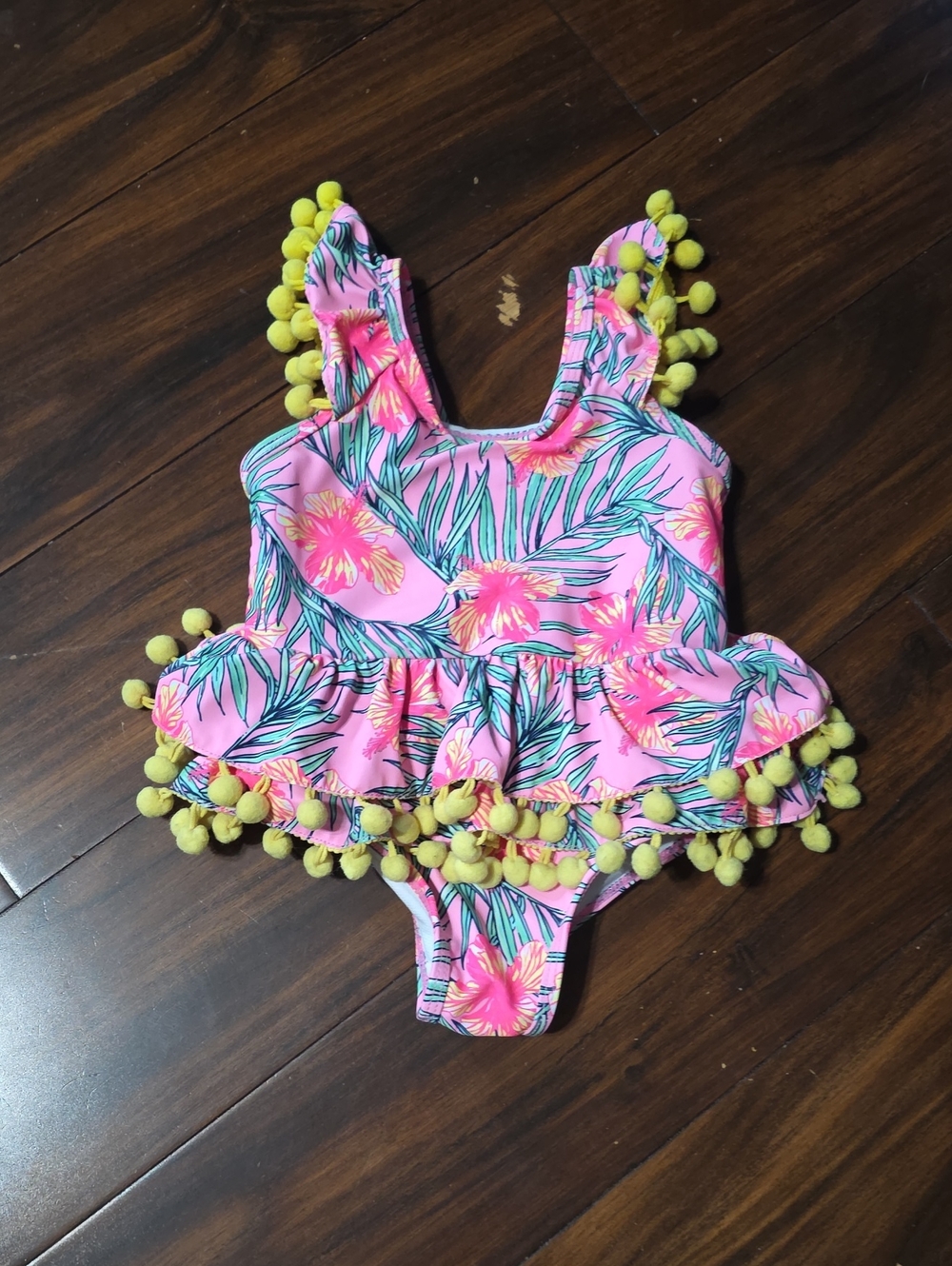 Tropical Pink Floral Pom Pom One-Piece Swimsuit